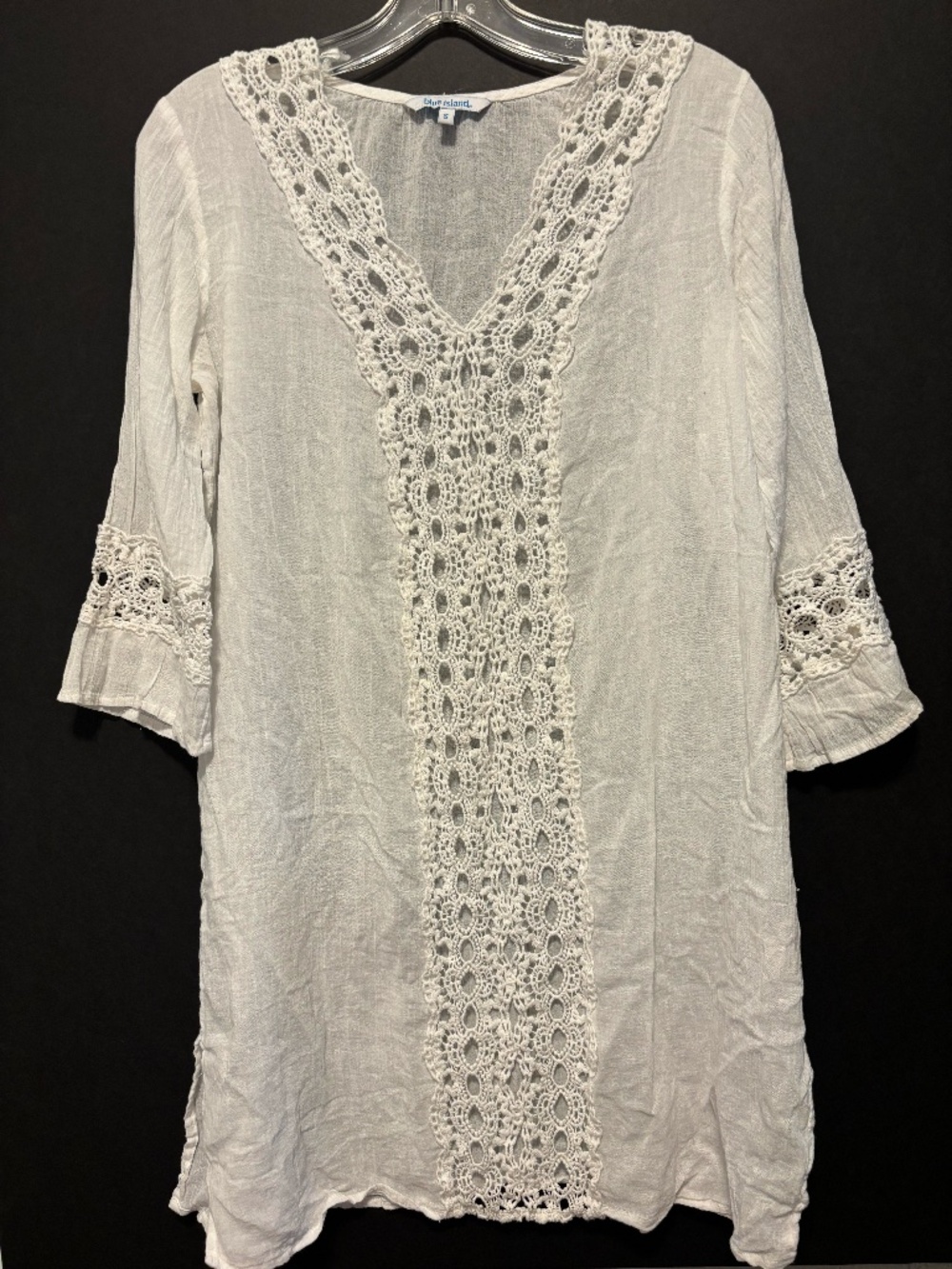 Blue Island White Cotton Crochet Lace Boho Tunic Top Cover Up Beach Cottagecore